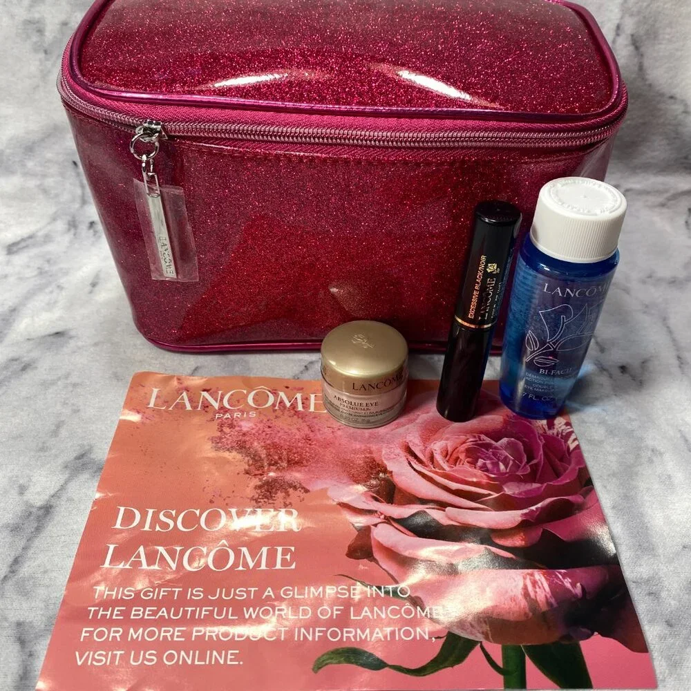 Lancome Beauty Gift Set-Sparkly Red Pouch,Eye Cream,Remover,Mascara-4pc-NEW